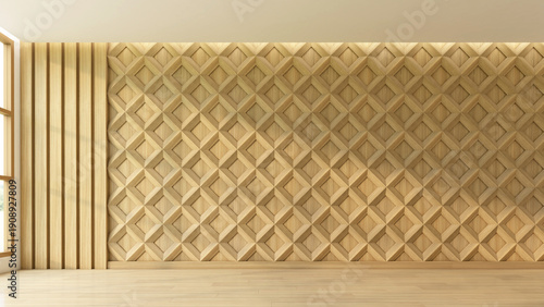 Minimalist empty room with wood pattern wall and wood slat wall, white ceiling and wood floor. 3D rendering