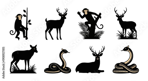 A collection of detailed black silhouettes depicting monkeys deer and snakes amidst leafy foliage high quality professional modern elegant