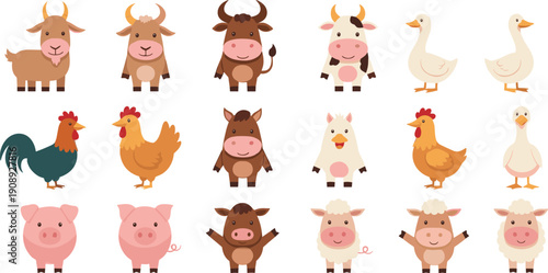 Cute farm animal cartoon characters set featuring cow, pig, chicken, rooster, duck, goose, goat, and buffalo illustrations