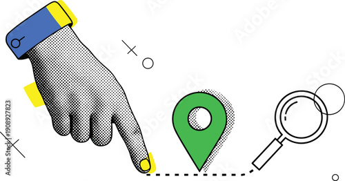 Hand pointing to a location mark on a map with a magnifying glass nearby