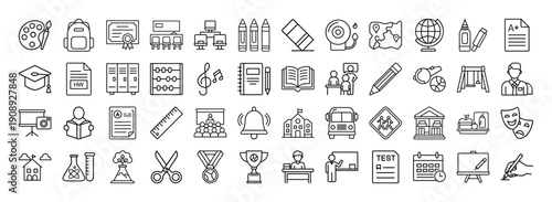 Collection of Simple Line Icons Representing Education and School Activities
