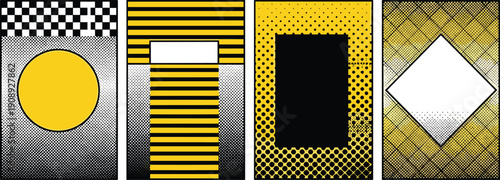 Geometric shapes in a grid pattern, showcasing various designs and textures, viewed from a straightforward perspective in a digital environment