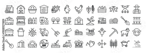 A collection of simple black line icons representing various aspects of agriculture and farming