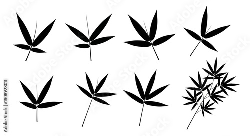 A collection of black silhouettes depicting various bamboo leaves and a small cluster of branches high quality professional detailed