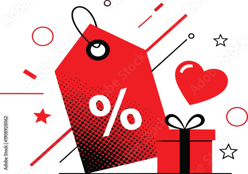 Red discount tag with percentage symbol surrounded by gift box and festive elements in promotional setting