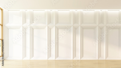 Minimalist empty room with white pattern wall, white ceiling and wood floor. 3D rendering
