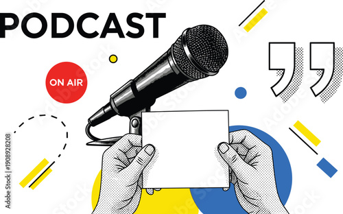 Hands holding a microphone and paper, indicating a podcast recording session, with abstract shapes in the background