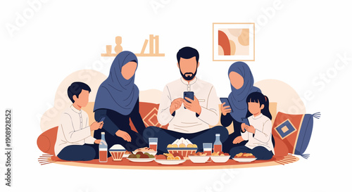 Embracing Modern Ramadan — Clean, Global, Commercial Lifestyle A contemporary Muslim family shares an Iftar meal, uniting tradition with digital connection in a globalized world