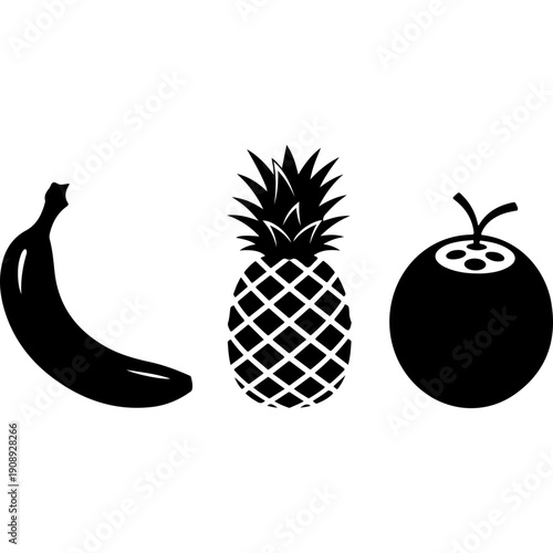 Black and White Tropical Fruits Vector Icons