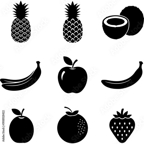 Black and White Vector Fruit Icons Set