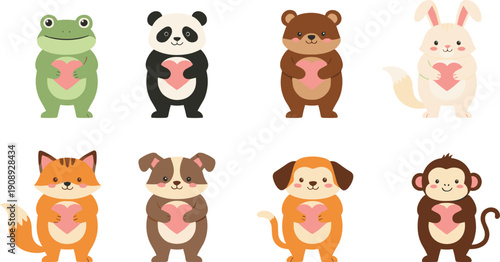 Cute animal characters holding hearts set featuring frog, panda, bear, rabbit, fox, dog, and monkey in kawaii cartoon style