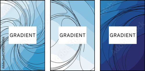 A set of three gradient blue backgrounds with abstract swirling lines and centered text labels, presented side by side in varying shades.