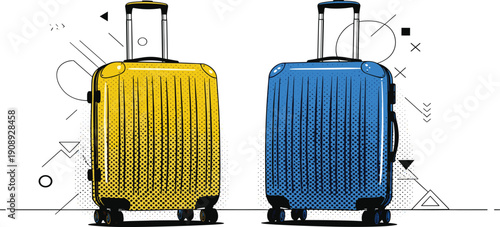 Two suitcases, one yellow and one blue, standing side by side with luggage handles and wheels, surrounded by simple line drawings of geometric shapes