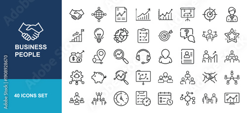 Business people team management leadership line icons set. Business, people, team, management, leadership, corporate collection. Vector illustration.