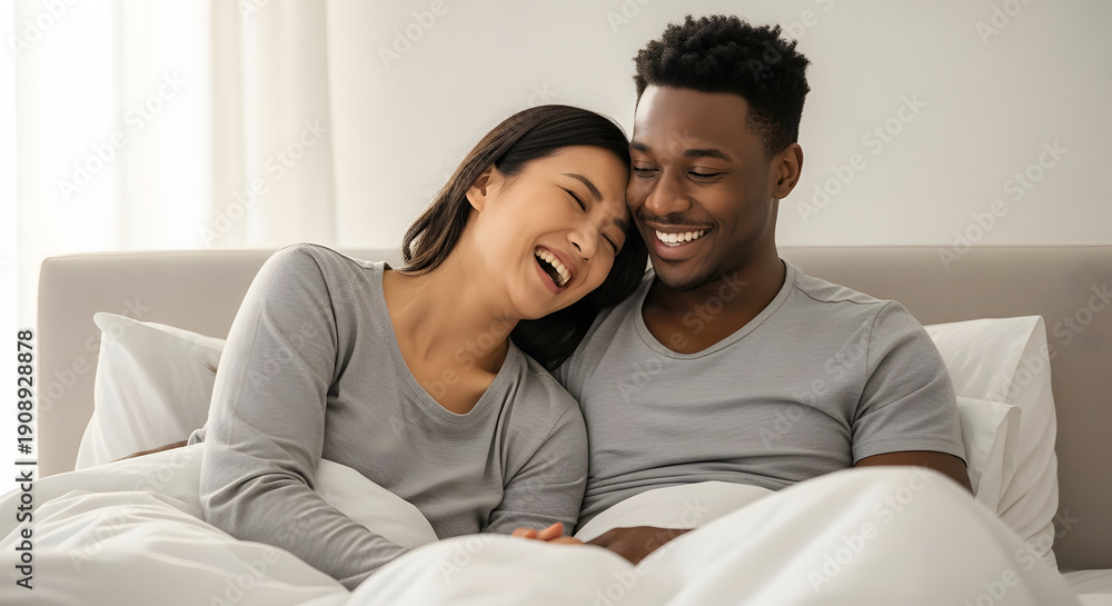 Obraz premium Happy interracial couple laughing together while relaxing in bed