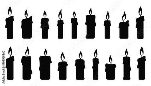 Candle silhouettes set, burning wax candles with glowing flame shapes, light and remembrance symbols, prayer and romantic elements, simple black shadow style, clean vector illustration isolated.