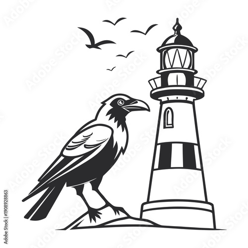 A crow stands next to a lighthouse with seagulls flying overhead Vector
