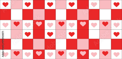 A vibrant red and pink checkered pattern with hearts, symbolizing love and affection, viewed from directly above.