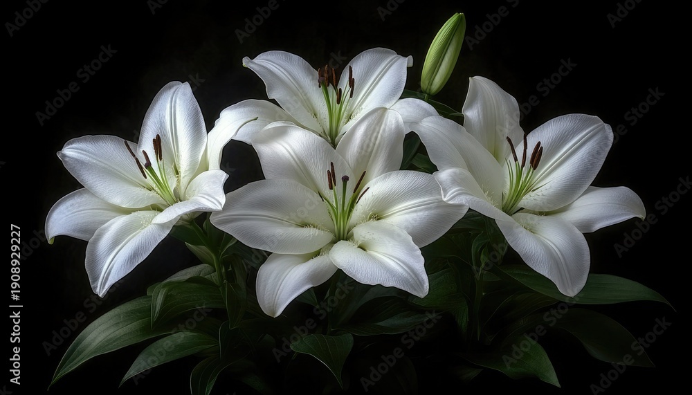 Fototapeta premium Dramatic studio shot of pristine white lilies against a dark, solid background. Use this beautiful image for greeting cards, invites or decorative purposes.