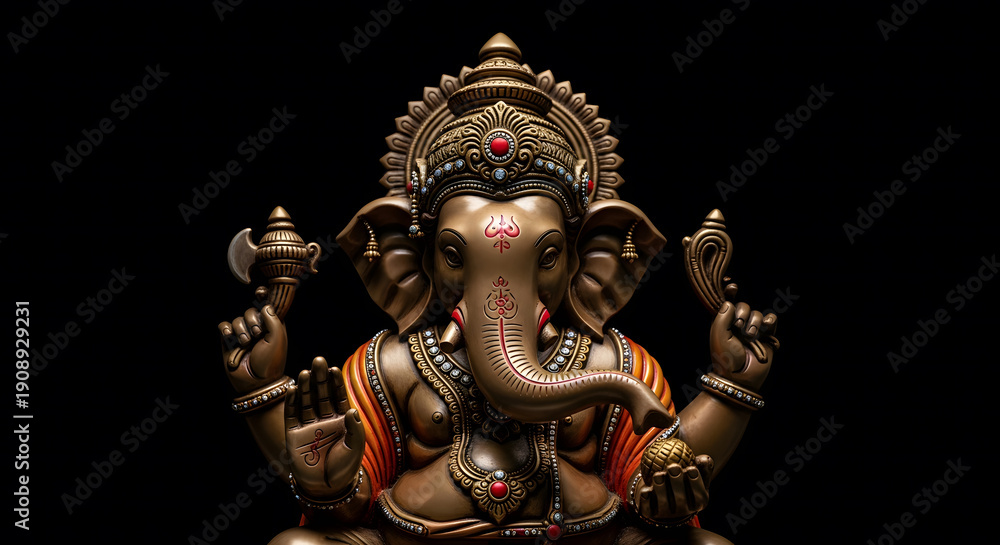 Fototapeta premium Intricate bronze sculpture of Hindu deity Lord Ganesha on a dark