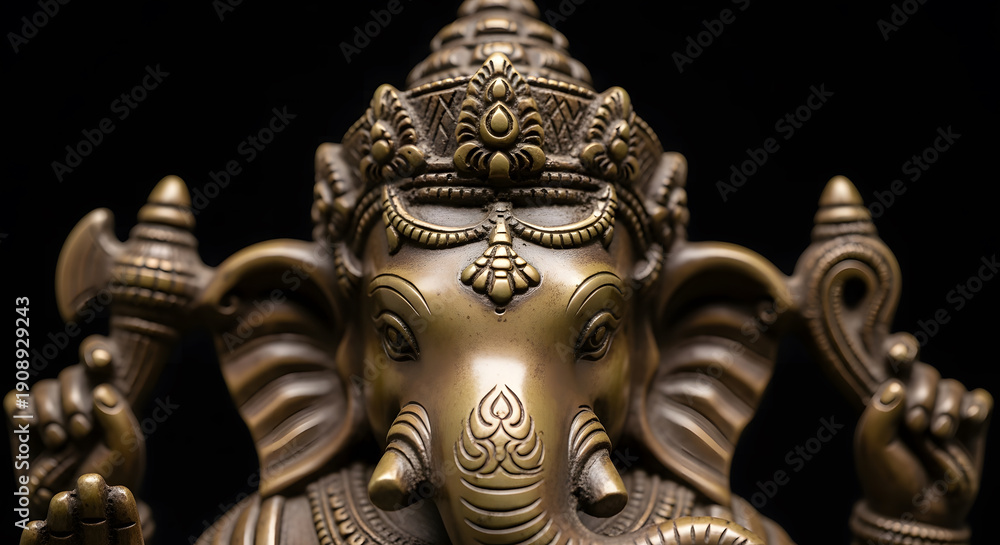 Fototapeta premium Intricate bronze Ganesha sculpture face and crown detail against