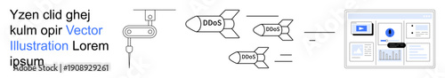 Cybersecurity, digital threats, online protection, DDoS attack defense, data security, system vulnerability. Diagram of missiles labeled DDoS targeting a computer interface. Cybersecurity and digital