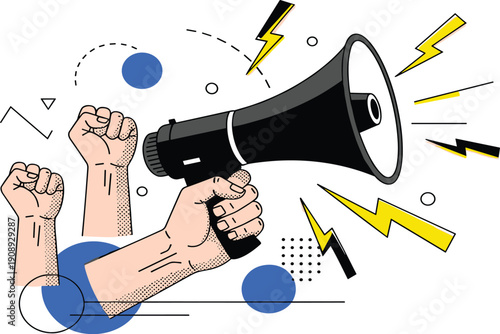 Hands holding a megaphone with fists raised in protest or celebration surrounded by dynamic shapes and lightning bolts