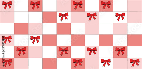 A red and pink checkered pattern with bows, viewed from directly above, featuring a decorative design