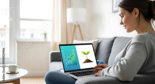 Millennial Financial Planning and Savings Concept. Young Adult Analyzes Investment Growth Chart on Laptop at Home. Financial Literacy and Digital Banking