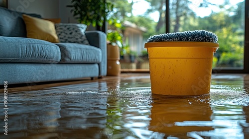 Yellow bucket catches water from ceiling leak in a flooded living room. Use for home repair, disaster relief, or insurance claim concepts.