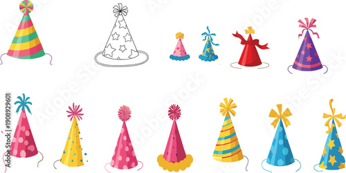 Colorful birthday party hat vector set with festive celebration cone caps cartoon illustration collection design