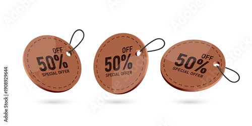 Circle leather sign or tag label with string for hanging 3 viewing angles and the message 50% off special offer ideal for jeans advertising banner design, vector 3d isolated on white background
