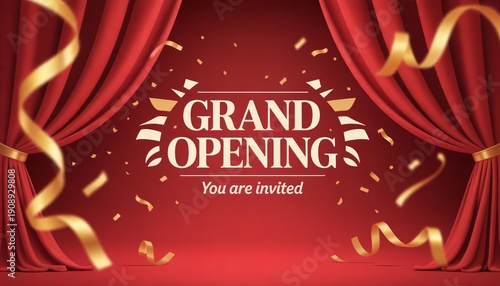 Wallpaper Mural Realistic Grand Opening Invitation with Red Curtains and Golden Confetti. Torontodigital.ca