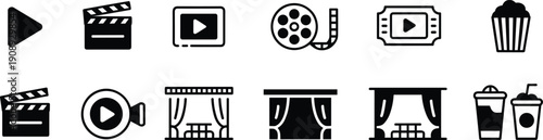 Cinema movie icon set, vector illustration, clapperboard, film reel, play button, popcorn, ticket, camera, theater stage, entertainment, multimedia, video, graphic art