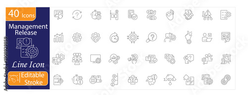 Management Release Icons Set, Project Launch, Task Assignment, Team Coordination, Workflow Update, Performance Tracking, Business Operations, Editable Stroke Vector Illustration.