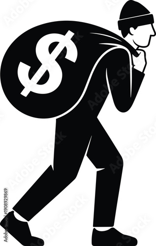 Vector illustration of thief silhouette carrying money sack with dollar sign, sneaky burglar character, crime concept, finance caution symbol, dark design element