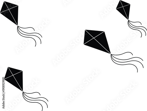 Black kites flying in sky illustration, vector silhouette design with tails, abstract motion pattern, decorative diamond shapes, minimalist background art, dynamic composition