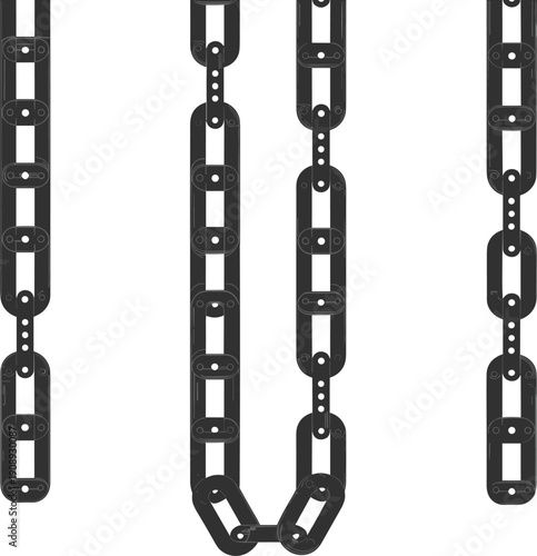 Vector illustration of four vertical chain designs, metallic interlinked segments, outlined black silhouettes, mechanical engineering concept, structural design comparison