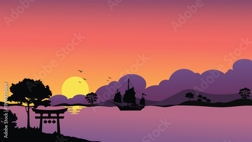 Beautiful Japanese Landscape Silhouette with Torii Gate and Boat on Lake at Sunset with Purple and Orange Sky Vector Illustration