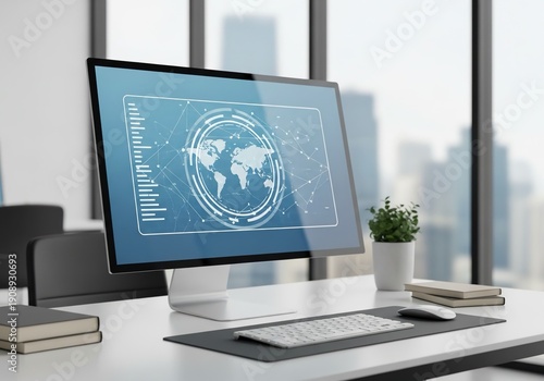 Modern office workspace with computer displaying global network interface on screen