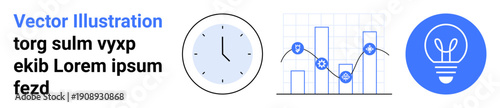 Business analytics, productivity, data management, time tracking, innovation, workflow optimization. Clock, bar chart with connected nodes light bulb icon. Productivity and business analytics