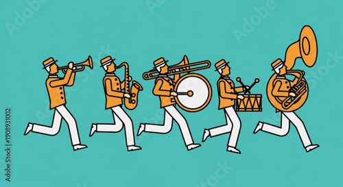 Marching Band Performing in Parade with Trumpet, Saxophone, and Drums
