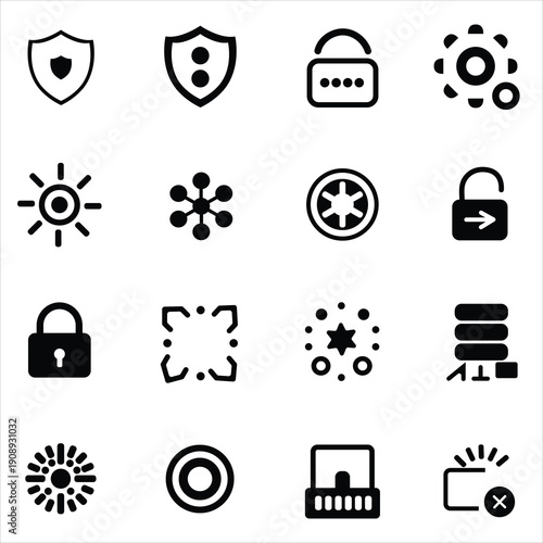 Cohesive cyber security icon set featuring shields, locks, and network symbols on white background.