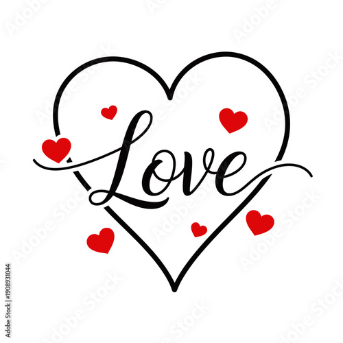 A black outline heart with the word "Love" in script font and small red hearts scattered around.