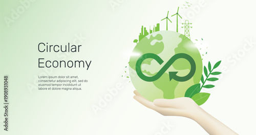Circular economy. Sustainable economic growth strategy, Hands holding and green plant earth. ESG, green energy and industry concept. Vector illustration.