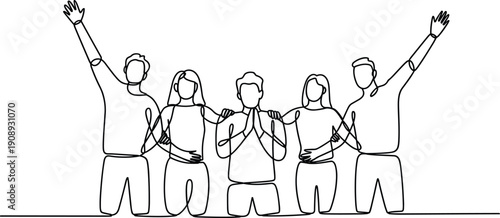 People continuous line art illustration showing group unity friendship support togetherness community happiness teamwork celebration diversity connection social bonding concept