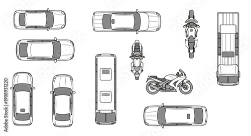 Top view collection of various vehicles including cars and motorcycles.