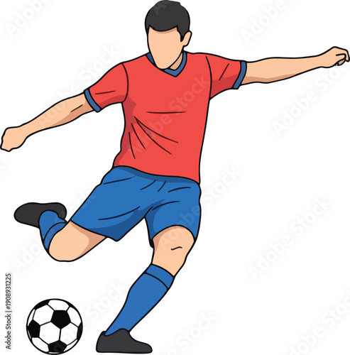 Dynamic illustration of a male athlete kicking a soccer ball with focused determination