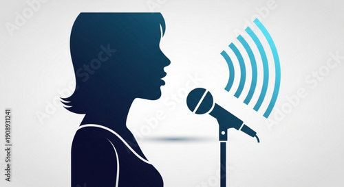 Woman Speaking into Microphone Silhouette on White Background