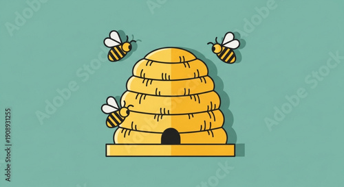 Beehive with Bees Flying Around on Green Background